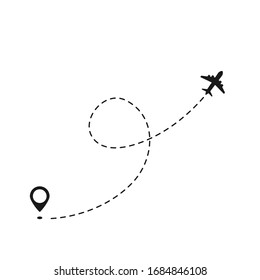 Plane track to point with dashed line way or air lines, airplane icon vector color editable 