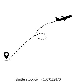 Plane track to point with dashed line way or air lines, airplane icon vector color editable. vector illustration