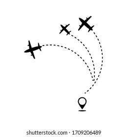 Plane track to point with dashed line way or air lines, airplane icon vector color editable. eps 10