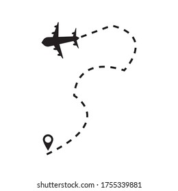 Plane track to point with dashed line way or air lines, airplane icon on white background