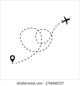 Plane track to point with dashed line way or air lines, airplane icon on white background