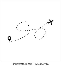 Plane track to point with dashed line way or air lines, airplane icon on white background
