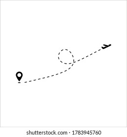 Plane track to point with dashed line way or air lines, airplane icon on white background