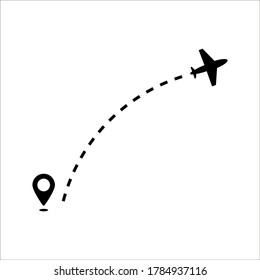 Plane track to point with dashed line way or air lines, airplane icon on white background