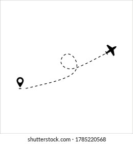 Ruta de vuelo a punto con línea discontinua o líneas aéreas, icono del avión sobre fondo blanco