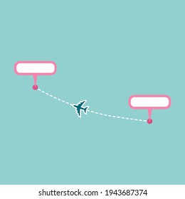 Plane track to point with dashed line way or air lines, airplane icon vector color editable