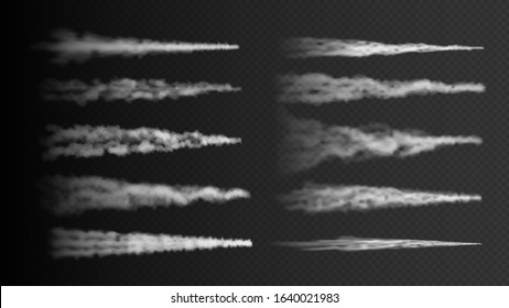 Plane track. Rocket, airplane steam trail isolated on transparent background. Realistic white smoke vector effect