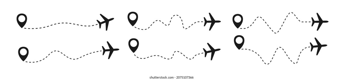 Plane with track set icon vector illustration. Plane route. Airplane path flat style vector icon