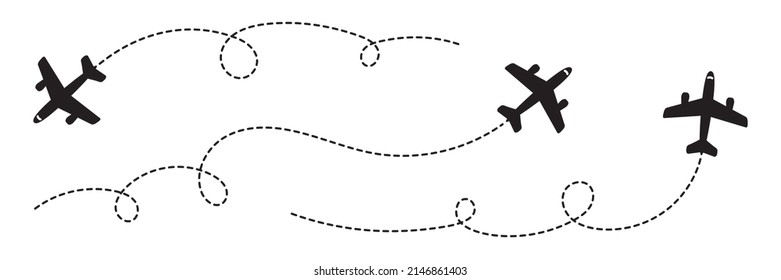 Plane with track set icon vector illustration. Plane route. Airplane path flat style vector icon.