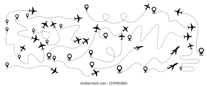 Plane with track set icon vector illustration. Plane route. Airplane path flat style vector icon