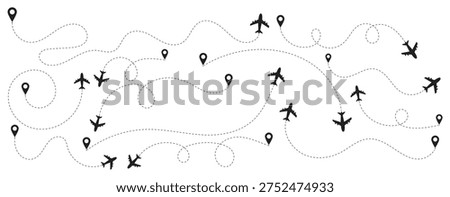Plane with track set icon vector illustration. Airplane path icon. Outline flying planes with dotted track direction. Vector illustration of air plane flight route with line trace on white background.