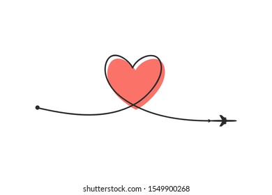 Plane and its track in the shape of glitch red heart in a flat style on white background. Vector illustration. Aircraft flight path and its route