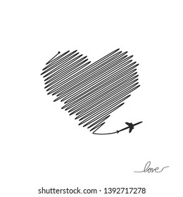 Plane and its track in the shape of a heart on white background. Vector illustration. Aircraft flight path and its route