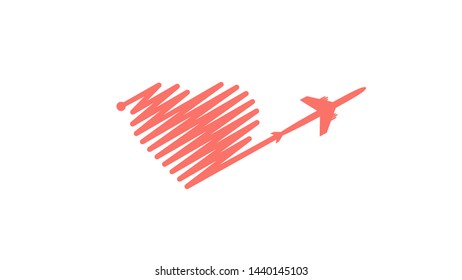 Plane and its track in the shape of a heart on white background. Vector illustration. Aircraft flight path and its route