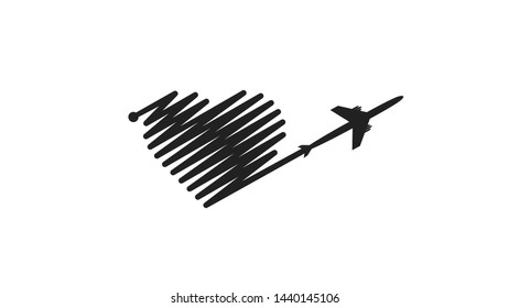 Plane and its track in the shape of a heart on white background. Vector illustration. Aircraft flight path and its route