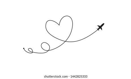 Plane and its track in the shape of a heart on white background. Vector illustration. Aircraft flight path and its route