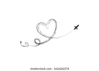 Plane and its track in the shape of a heart on white background. Vector illustration. Aircraft flight path and its route