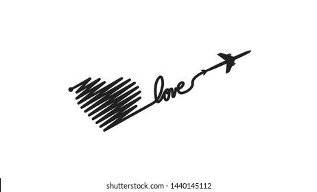 Plane and its track in the shape of a heart and text love on white background. Vector illustration. Aircraft flight path and its route