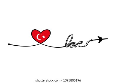 Plane and its track in the shape of a heart and turkey flag on white background. Vector illustration. Aircraft flight path and its route