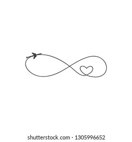 Plane and its track as a sign of infinity and heart on white background. Vector illustration. Aircraft flight path and its route