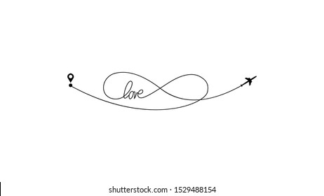 Plane and its track as a sign of infinity and text love on white background. Vector illustration. Aircraft flight path and its route