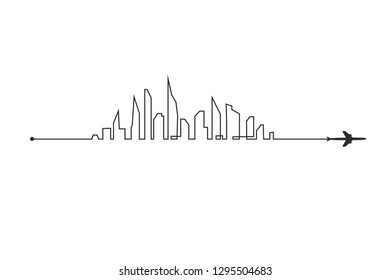 Plane and its track and skyline on white background. Vector illustration. Aircraft flight path and its route