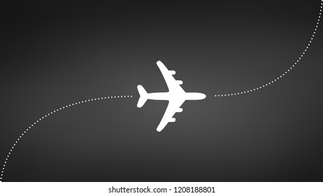 Plane with track, travel concept, vector illustration isolated on black background.