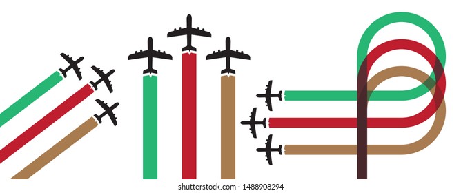 Plane Trails in the sky for a national day celebrations. Aircraft making a decorative art in aerospace with colorful smoke. 
