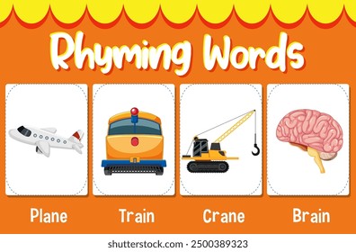 Plane, train, crane, and brain rhyming words