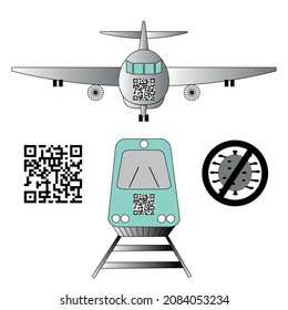 Plane and train with QR-codes about coronavirus vaccination on them.