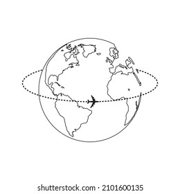 Plane travel around the world with doted line  Black outline simple icon on white