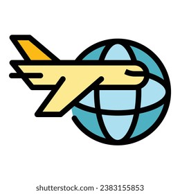 Plane travel icon outline vector. Earth tour. World globe color flat