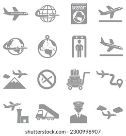 Plane Travel Icons. Gray Flat Design. Vector Illustration.