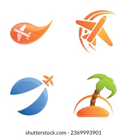Plane travel icons set cartoon vector. Flying plane and tropical island. Travel, summer vacation