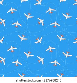 Plane travel pattern. Airport flight lines, destination route trip, aircraft journey and aviation. Decor travel textile, wrapping paper, wallpaper, print or fabric. Vector seamless illustration