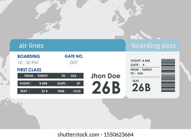 Plane travel ticket illustration. Airplane boarding pass design. Airplane boarding pass design. Plane travel ticket vector illustration.