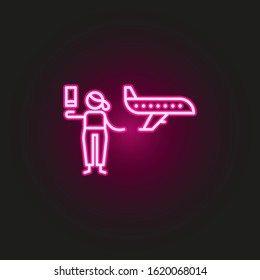 Plane, traveler neon style icon. Simple thin line, outline vector of travel icons for ui and ux, website or mobile application