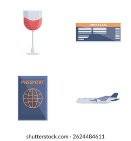 Ícones de viagem de avião definir vetor de desenho animado. Atributo de voar em avião. Férias, turismo