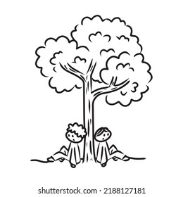 The Plane Tree Vector Illustration For Story Book. Aesop's Fable Illustration Transparent Background. Cute Line Art Cartoon For Fairy Tale Story And Book. 