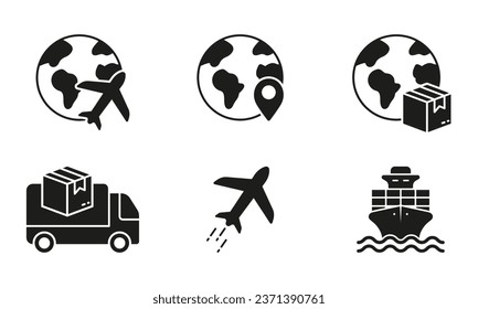 Plane, Truck, Ship For International Delivery Service Silhouette Icon Set. Shipping Transport Glyph Pictogram. Cargo Shipment Solid Sign. Global Export Symbol Collection. Isolated Vector Illustration.