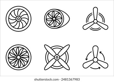 Plane turbine linear icon set. Airplane equipment. Jet propeller. Aeroengine. vector illustration on white background