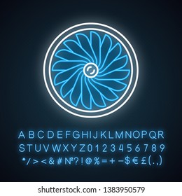 Plane turbine neon light icon. Airplane equipment. Jet propeller. Aeroengine. Aviation service. Aircraft. Motor running. Glowing sign with alphabet, numbers and symbols. Vector isolated illustration