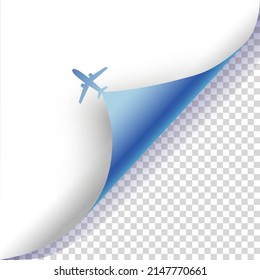 Plane turning page vector illustration. Airplane curling corner of the sheet of paper advert concept. Vector.