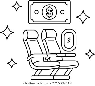 Un avión con dos Vacantes y un billete de un dólar en la pared. El billete de un dólar está rodeado de estrellas