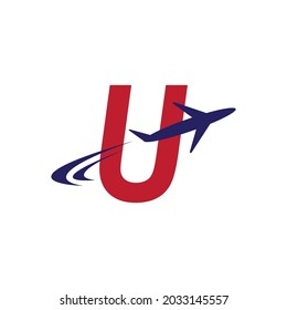 Plane with U initial letter Travel logo vector template