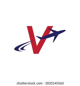Plane with V initial letter Travel logo vector template