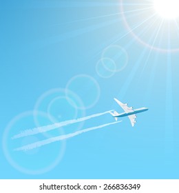 Plane and vapor trail on blue sky background, illustration.