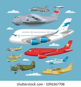 Plane vector aircraft or airplane and jet flight transportation in sky illustration aviation set of aeroplane or airliner and airfreighter cargo isolated on background