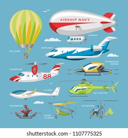 Plane vector aircraft or airplane and jet flight transportation and helicopter in sky illustration aviation set of aeroplane or airliner and airfreighter cargo isolated on background