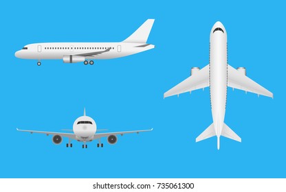 Plane vector. Airplane in all point of view. Airliner in front side and top on blue background.